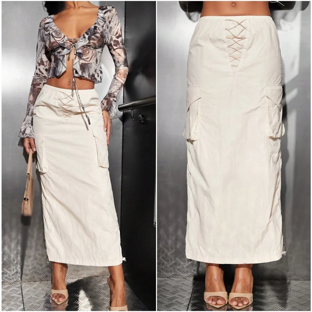 Solid Lace up Detail Pockets Minimalist Maxi Skirt - Picture 1 of 2